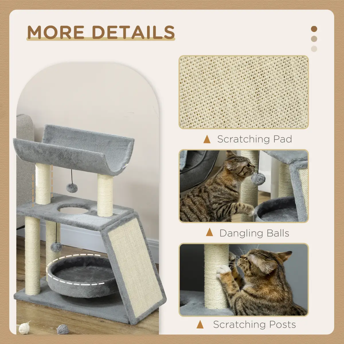 Cat Tree Tower for Indoor Cats w/ Scratching Posts, Pad, Light Grey, Toy Ball by PawHut