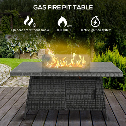 Outsunny PE Rattan Dining Set with Fire Pit Table and Cushioned Armchairs, Grey by Outsunny