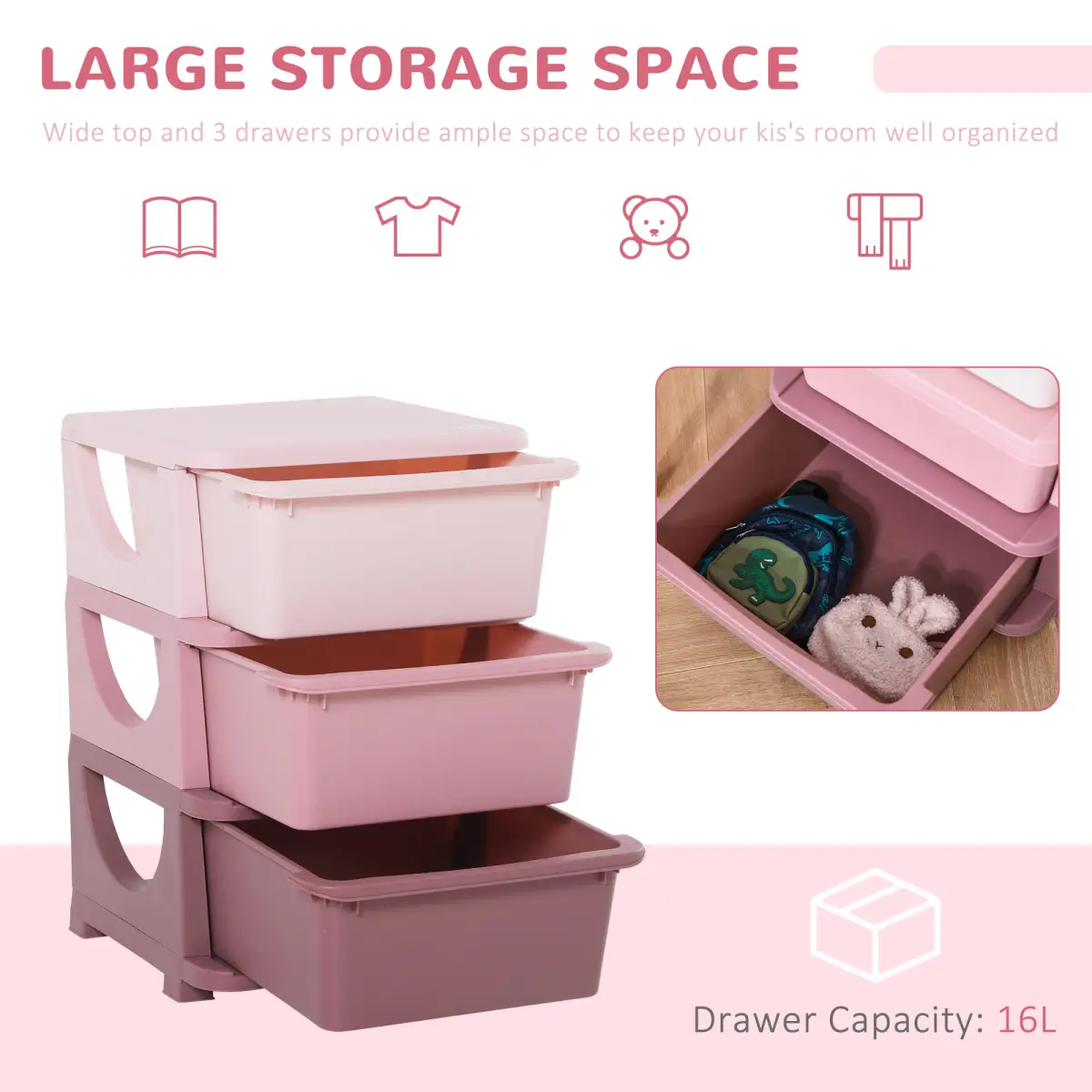 HOMCOM Kids Storage Units with Drawers 3 Tier Chest Vertical Dresser Tower by Unbranded