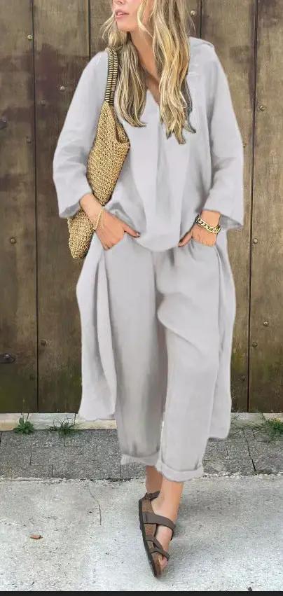 2pcs Long-sleeved Suits Loose V-neck Long Top And High Waist Wide Leg Pants With Pockets Women's Clothing by Dropshipman