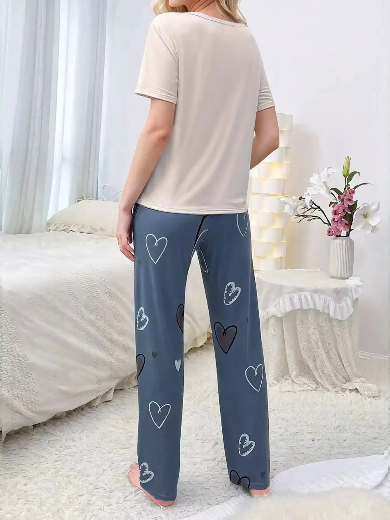 Women's Summer New Arrival Short Sleeve Sweatpants Thinner Simple Heart Casual Home Wear for Outdoor Wear Pajama by All Mart Bristol Ltd