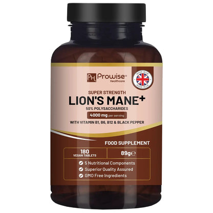 Lions Mane Mushroom Supplement 4000mg with Vitamin B1, B6, B12 & Black Pepper by Prowise Healthcare