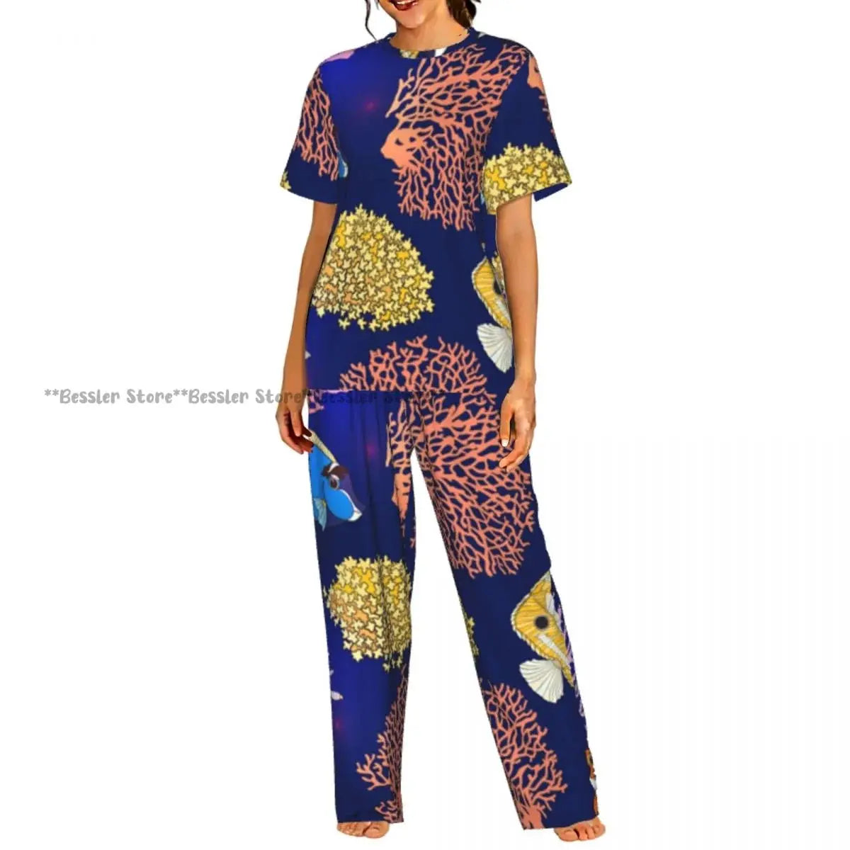 Women's Comfort Pajamas Women's Sea Fish Marine Life Short Sleeve Set Sleepwear by All Mart Bristol Ltd