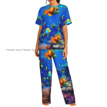 Women's Comfort Pajamas Women's Sea Fish Marine Life Short Sleeve Set Sleepwear by All Mart Bristol Ltd