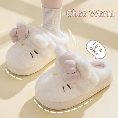 Instagram-Style Fluffy Cotton Slippers With A Cat And Bow Design For Cozy Warmth by Dropshipman