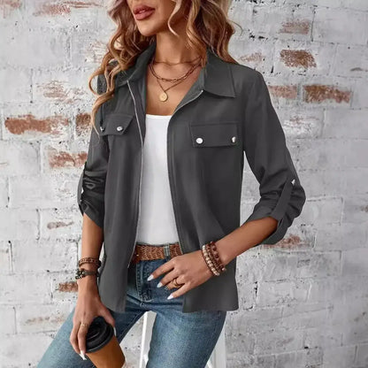 New Style European-Style Collar Zipper Cardigan with A Hood and A Plain-Colored Long-Sleeved Coat for Women by All Mart Bristol Ltd