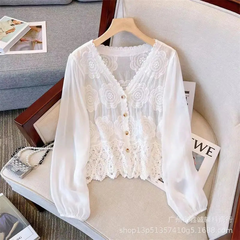 New Embroidered Lace Collar Short-Sleeved Chiffon Blouse for Women - Minimalist Chic Style, with Open and Loose Fit Top. by All Mart Bristol Ltd