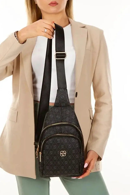 Women Black Leather Monogram Crossbody Belt Chest Shoulder Bag by All Mart Bristol Ltd