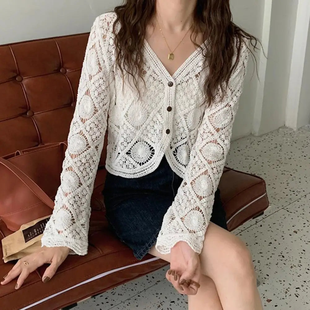 Handcrafted Lace Cardigan Crochet Women Cardigan 2025 3/4 Sleeve Hollow Out Open Front Sheer Sweater Boho Summer Knit Shrug by All Mart Bristol Ltd