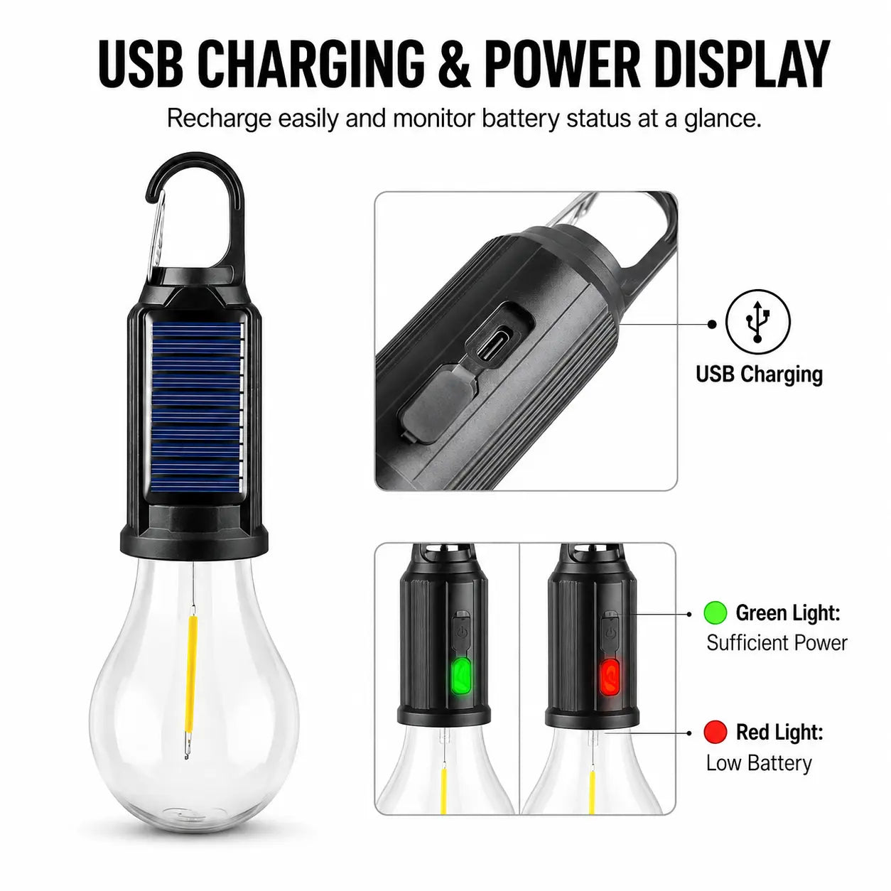 Solar LED Hanging Light, Portable Camping Lantern with Hook, USB Rechargeable & Solar Powered, Waterproof Outdoor Bulb with Warm LED Light, Adjustable Brightness for Hiking, Emergency, Tent, and Home Use