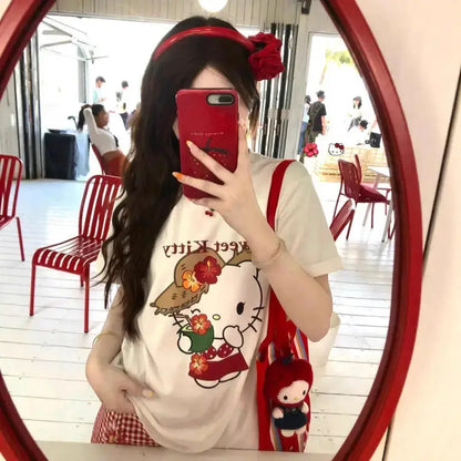 Short-Sleeved T-Shirt Summer New Hello Kitty Printed Cartoon Cute Sanrio Half-Sleeved T-Shirt Pure Cotton Shirt Women's Tops by All Mart Bristol Ltd