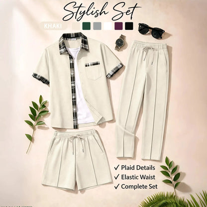 Men's 3 Piece Waffle Knit Tracksuit | Plaid Trim Button Up Shirt & Elastic Waist Shorts & Pants Set | Casual Stylish Outfit for by All Mart Bristol Ltd