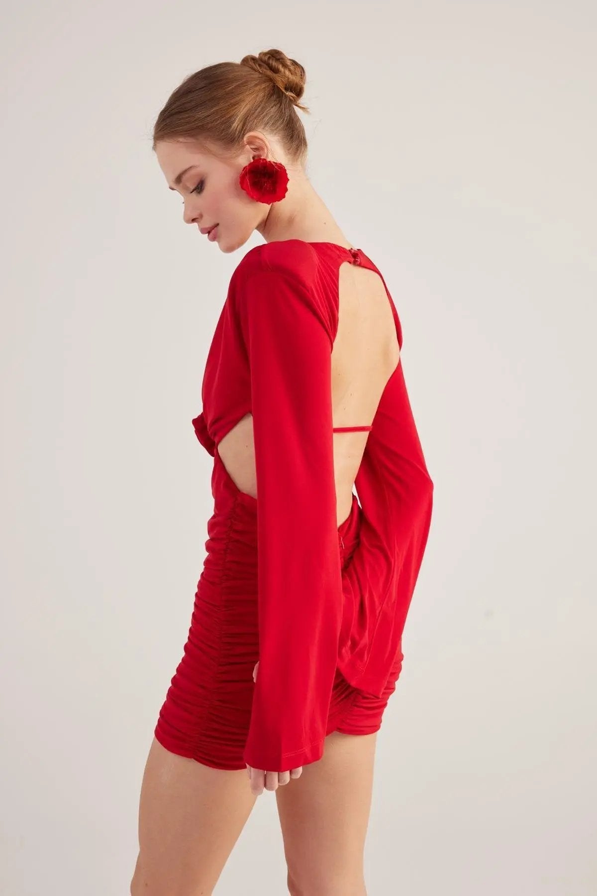 Hanna Red Backless Long Sleeve Mini Dress with Removable Rose Accessory by Holly Lolly