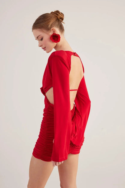 Hanna Red Backless Long Sleeve Mini Dress with Removable Rose Accessory by Holly Lolly