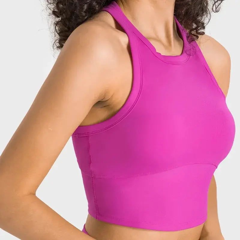 Built-in chest patch, high-end women's yoga vest, nude feel Leica gym exercise sports bra, hanging neck style by All Mart Bristol Ltd