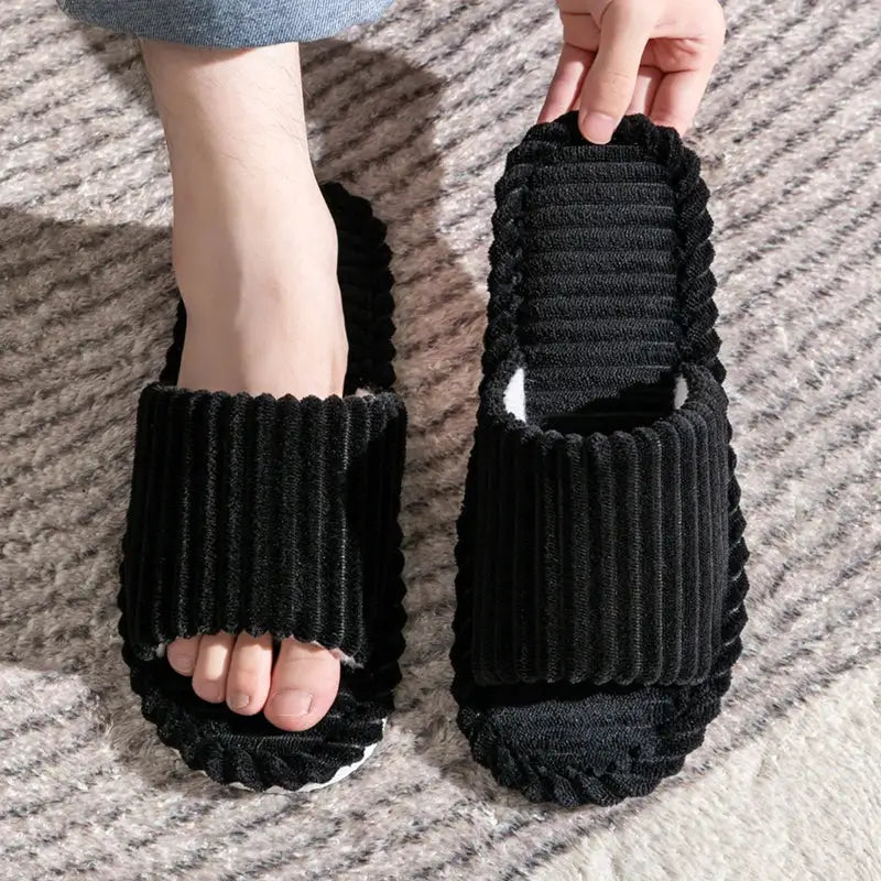 Open-Toe Breathable House Slippers for Women, Non-Slip Indoor Flat Comfort Striped/Solid Bathroom Slides for Hardwood Floors by All Mart Bristol Ltd