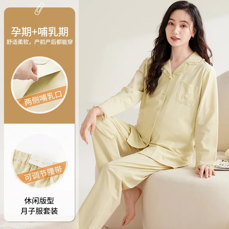 Maternity Women Pajamas Set Pregnant Pure Cotton Breastfeeding Loungewear Sweet Long Sleeve Trousers Cardigan 2 Piece Set Pjs by All Mart Bristol Ltd