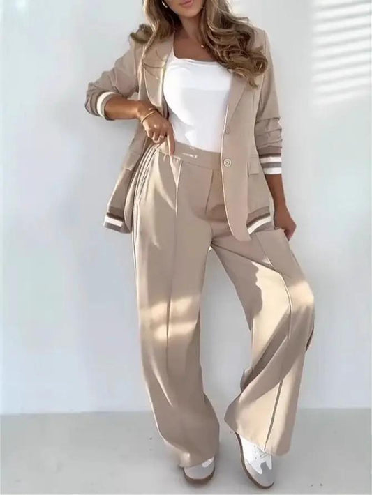 2 Pcs Set Women Suit Coat Pants Suit Lapel Long Sleeves Lady Jacket Wide Leg High Waist Trousers Female Commuting Office Outfit by Dropshipman