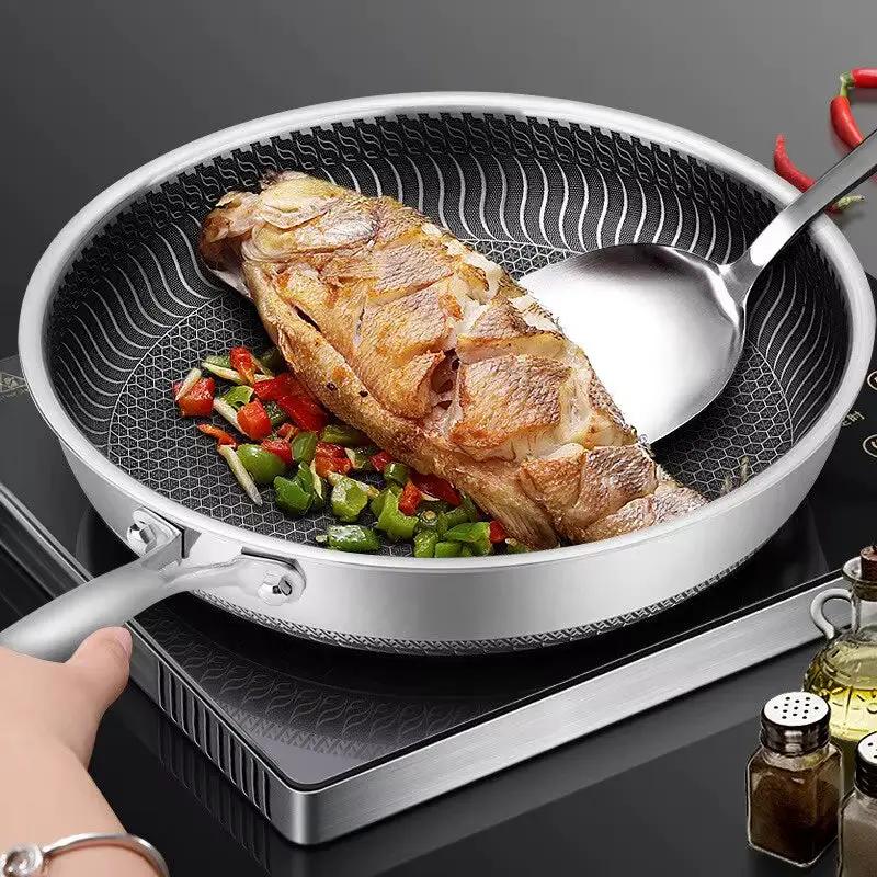 Whole Body Tri-Ply Stainless Steel Frying Pan 316 Stainless Steel Wok Pan Double-Sided Honeycomb Skillet Suitable for All Stove by All Mart Bristol Ltd