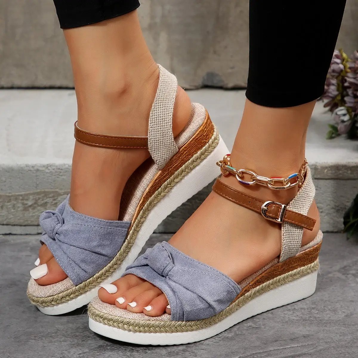 New Thick-soled Bow Sandals Summer Fashion Casual Linen Buckle Wedges Shoes For Women by Dropshipman