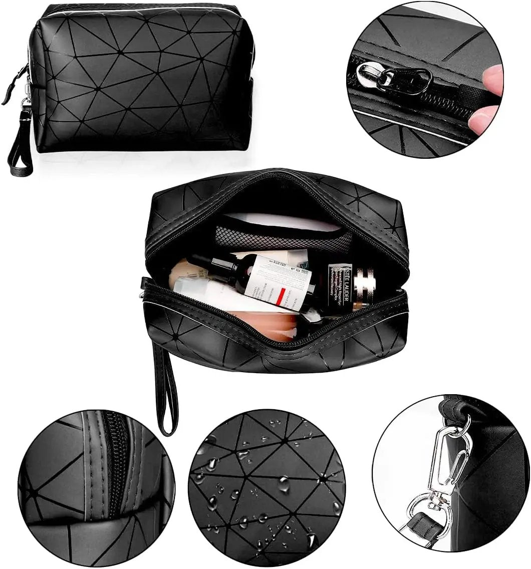 Stylish 3-Piece Makeup Bag Set - Double Layer Cosmetic Organizer + 2 Travel Toiletry Bags with Diamond Pattern for Men and Women (Black) by All Mart Bristol Ltd