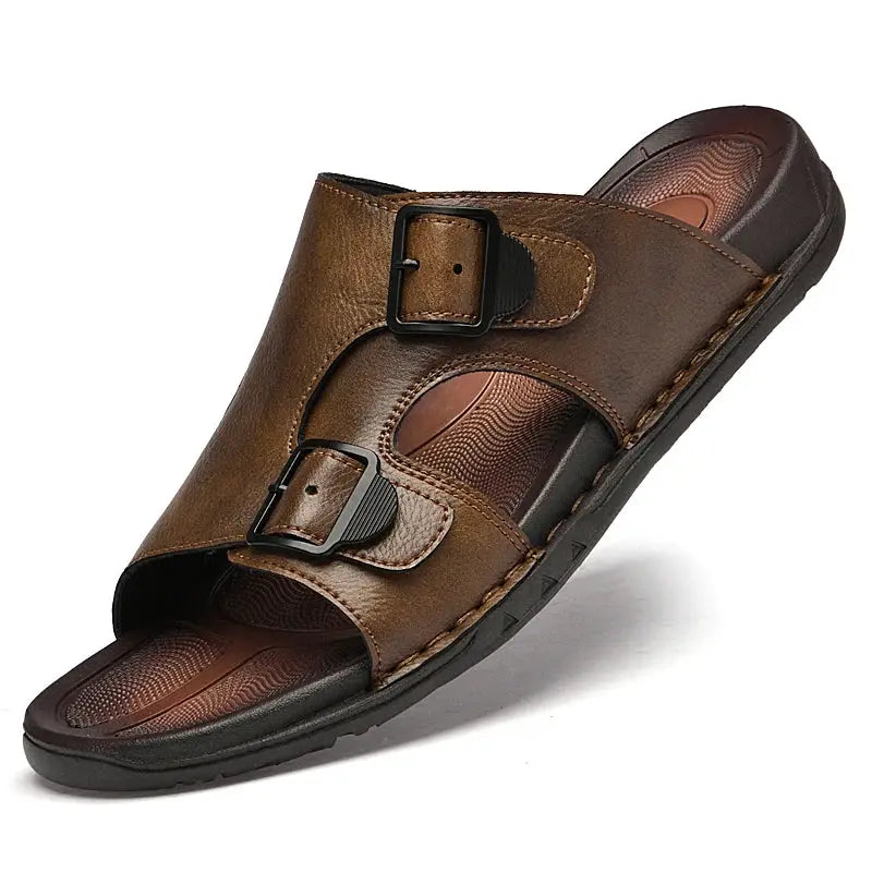 Summer Mens Leather Slippers Men Adjustable Slides Casual Sandals Brown Black Comfortable by All Mart Bristol Ltd