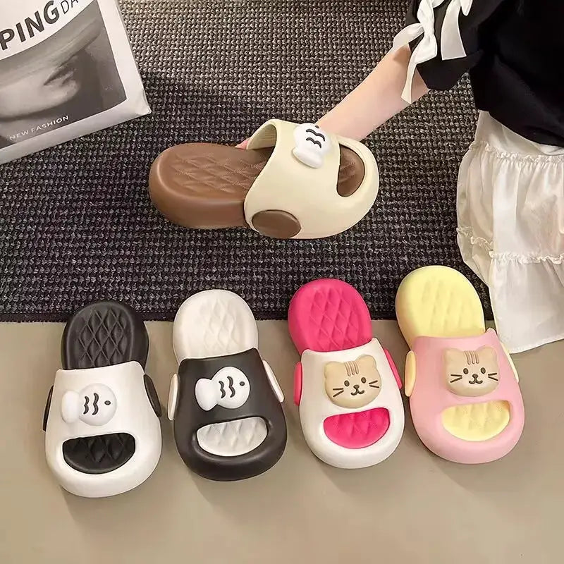 New Cute Kitten Little Fish Comfortable Thick Bottom, One line Dragging Versatile Color blocked Slippers for Home and Indoor Use by All Mart Bristol Ltd