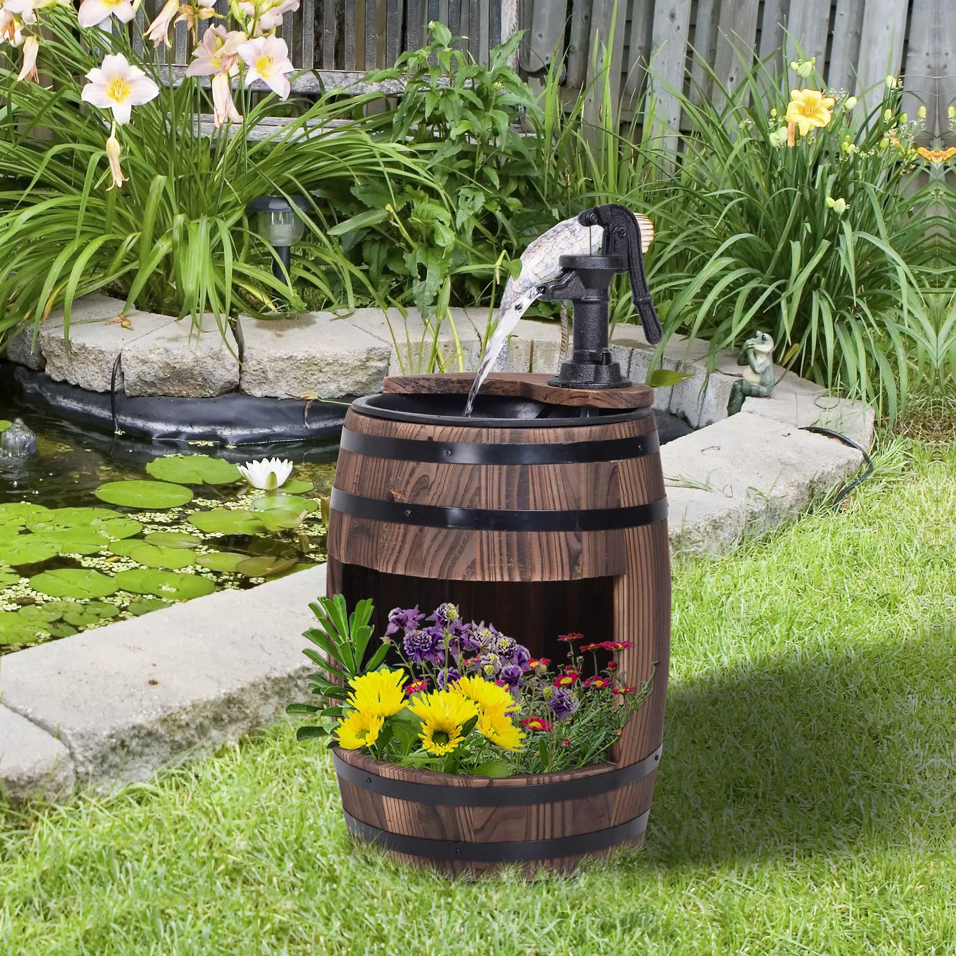 Outsunny Wood Barrel Pump Garden Fountain Water Feature Flower Planter Stand New by Outsunny