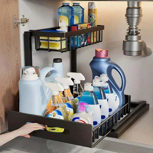 Kitchen Fixed Shelf Sink Storage, Sliding Pull-Out Cabinet Arrangement Rack, Metal Sliding Drawer, Bathroom Organizing Accessories, for Kitchen Bathroom Refrigerator Cabinet Organization Rack, Kitchen Storage Essential Goods by All Mart Bristol Ltd