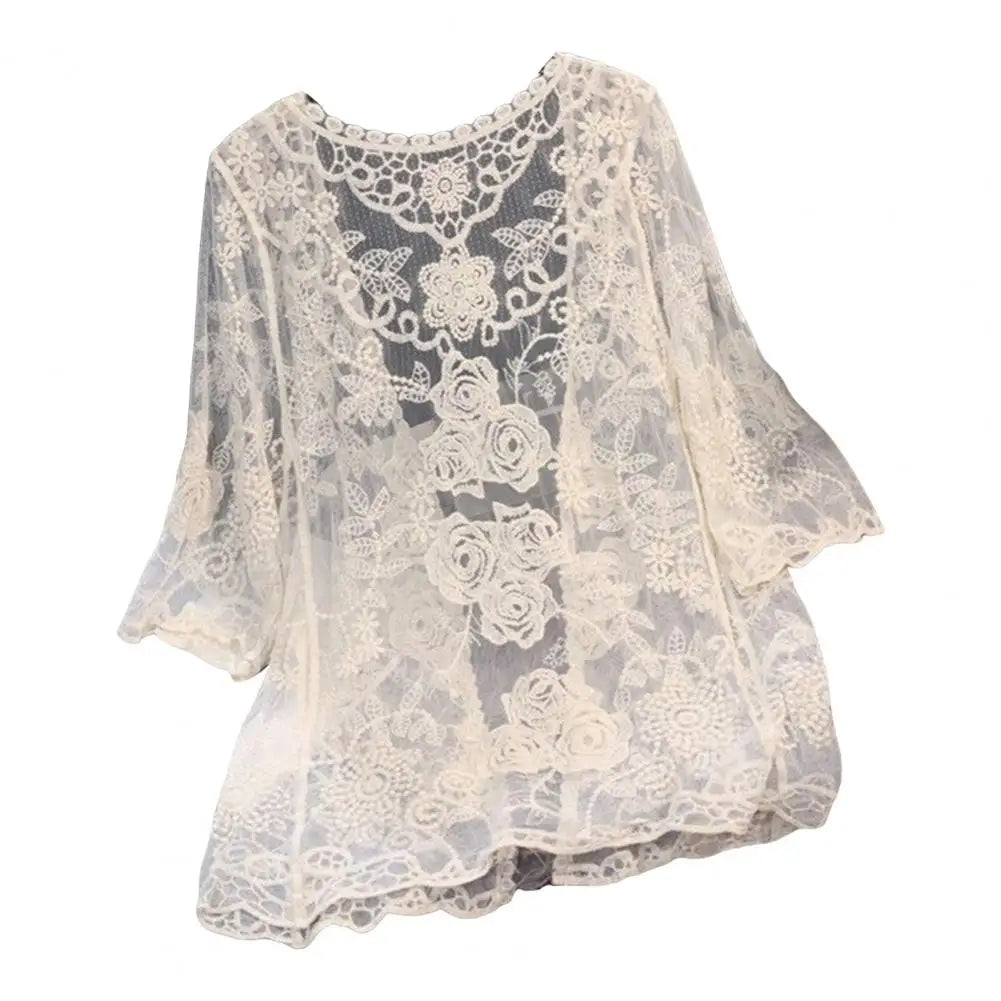 Handcrafted Lace Cardigan Crochet Women Cardigan 2025 3/4 Sleeve Hollow Out Open Front Sheer Sweater Boho Summer Knit Shrug by All Mart Bristol Ltd