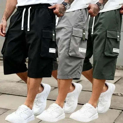 Men'S Summer Casual Cargo Shorts - Elastic Drawstring Waist, Multiple Pockets & Letter Patch Design, Regular Fit Mid-Rise Non-Stretch Fabric for Daily Wear & Leisure Activities, Nontransparent Fabric, Menswear, Minimalist Tiktokshopspringglowup