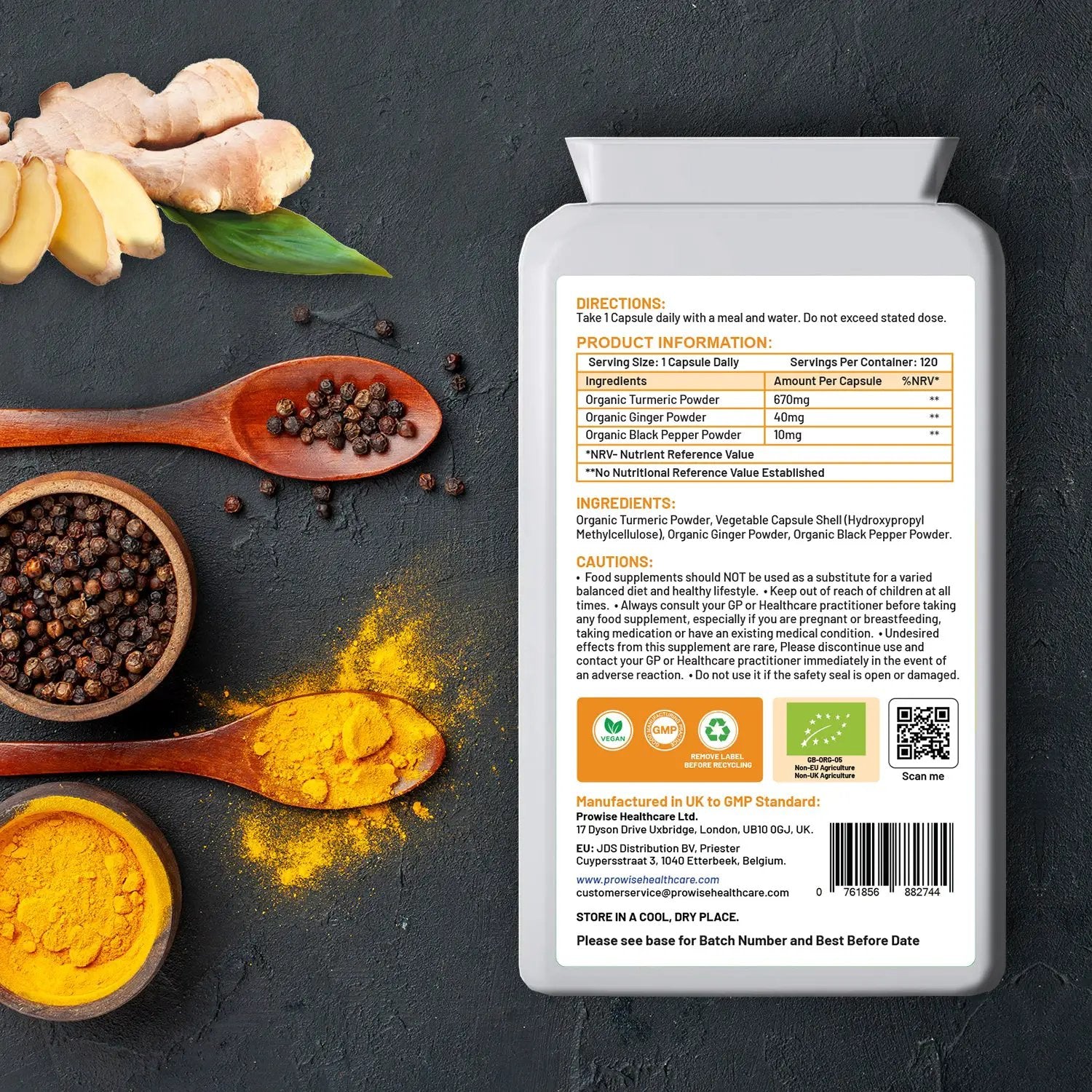 Organic Turmeric Curcumin 720mg - 120 Capsules | Organic Turmeric and Black Pepper Capsules High Strength | Vegan & Vegetarian Turmeric Supplements | Certified Organic by Soil Association by Prowise by Prowise Healthcare