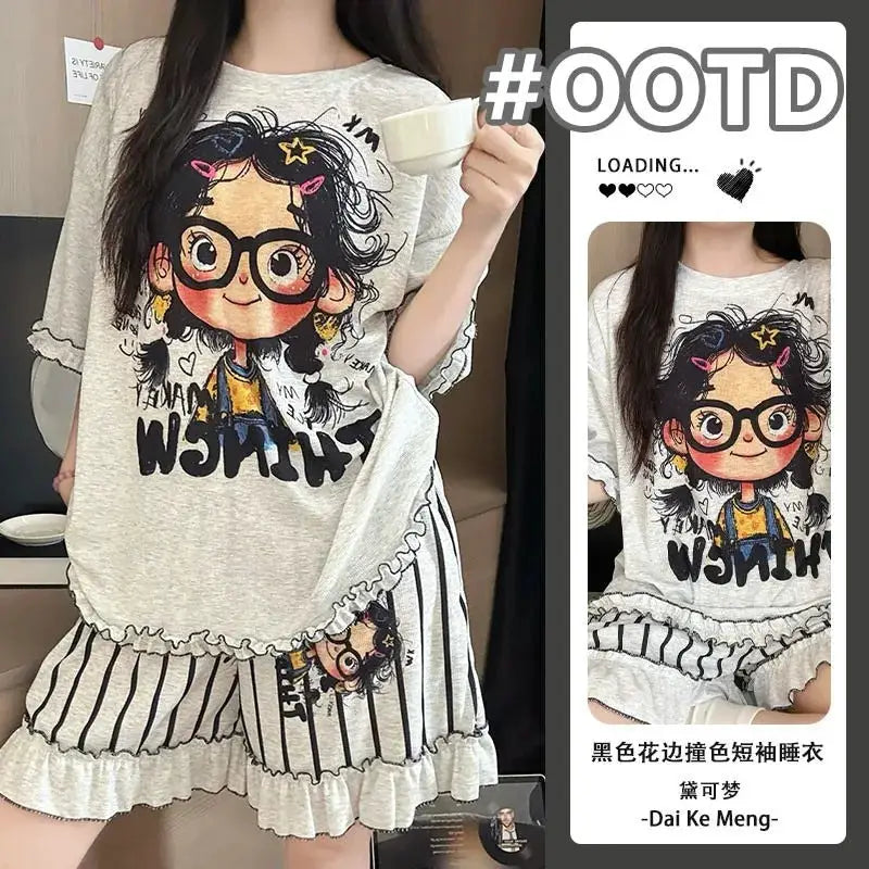 New Teenage Girls Casual Pajama Set Short Sleeves Shorts Two-piece Set with Cartoon Character Made of Modal Home Wear for Women by All Mart Bristol Ltd