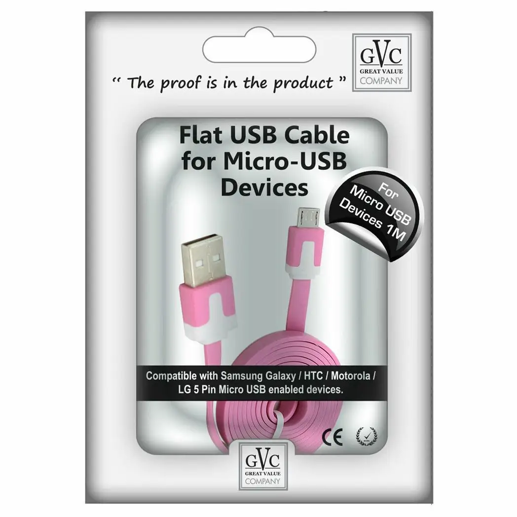 GVC 1 Metre Strong Tangle Free Flat Micro USB Cable for Sync & Charge, Hot Pink by GVC