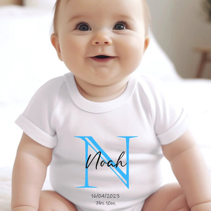 Personalised Blue Initial Baby Outfit: Bib, Vest, Grow by Aye Do Gifts