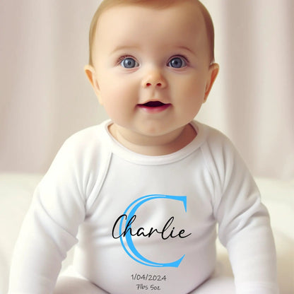 Personalised Blue Initial Baby Outfit: Bib, Vest, Grow by Aye Do Gifts
