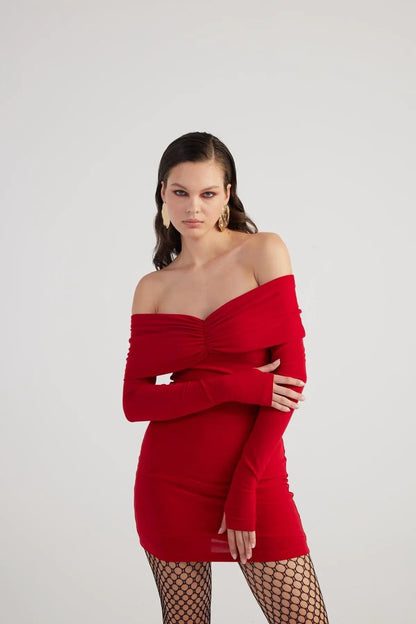 Dreamer Red Bardot Neck Mini Dress by Holly Lolly