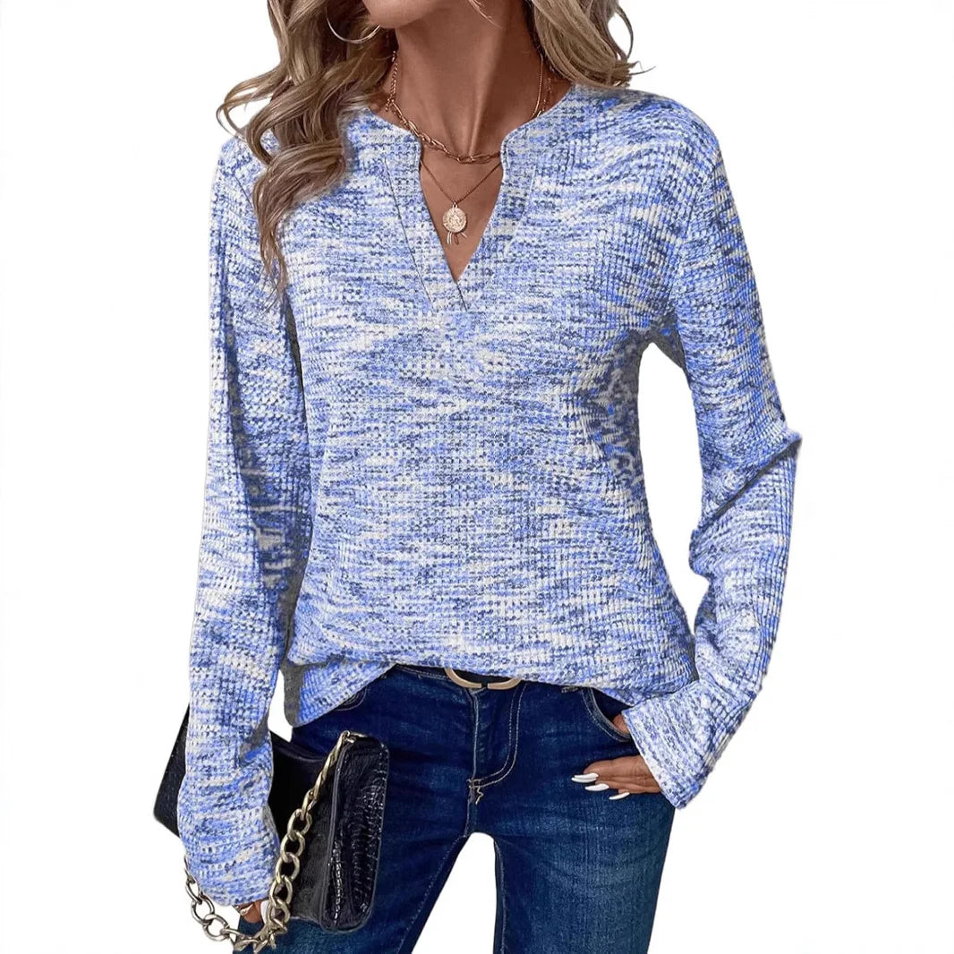 New Womens Notched V-Neck Long Sleeve Space Dye Waffle Knit Blouse Casual Loose Fit Top for Daily Wear by All Mart Bristol Ltd