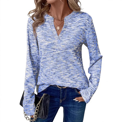 New Womens Notched V-Neck Long Sleeve Space Dye Waffle Knit Blouse Casual Loose Fit Top for Daily Wear by All Mart Bristol Ltd