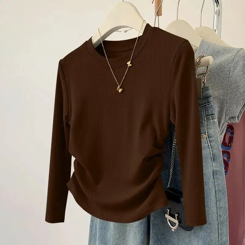 Spring and Autumn Women's Threaded T-shirt Top Soft Solid Color Round Neck Long Sleeve Fashionable Slimming Bottom Shirt by All Mart Bristol Ltd