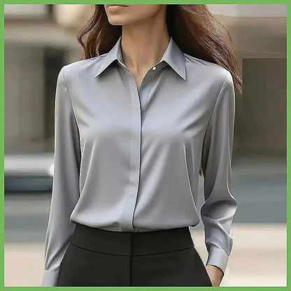 New Women's Office Blouse Long Sleeve Turn Down Collar Formal Shirt, Solid Colors Blue White Black Gray by All Mart Bristol Ltd