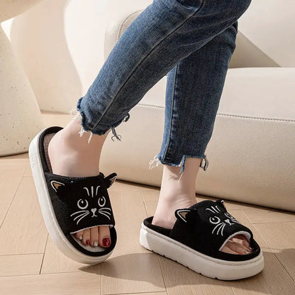 Platform Slippers Women Home Flat Spring Summer Cat Cartoon Designer Shoes Girl Trend Indoor Slides Soft Non-Slip Floor Open Toe by All Mart Bristol Ltd