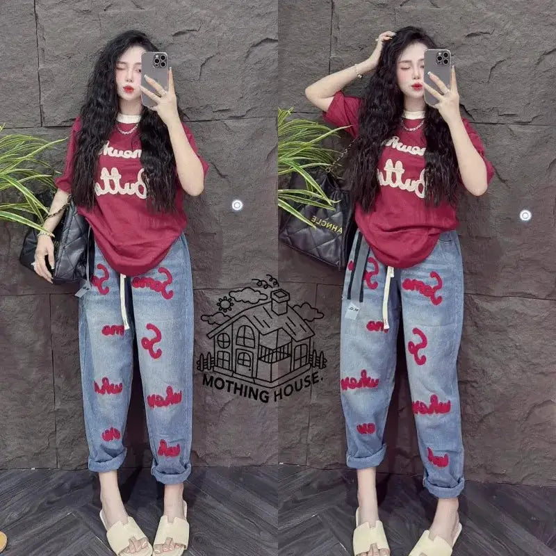 Retro Fashion Suit Women's Summer New Letter Printing Short-sleeved Milk Silk Wide-leg Pants Two-piece Set by All Mart Bristol Ltd