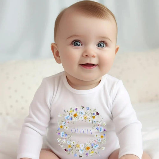 Personalised Baby Girls Spring Flowers Baby Outfit: Bib, Vest, Grow by Aye Do Gifts