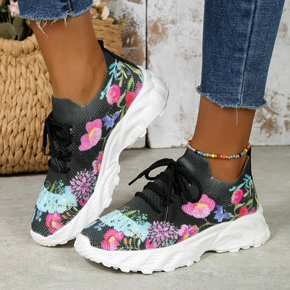 Women's Sports Shoes Flowers Print Walking Sneakers Casual Breathable Lace-up Mesh Shoes by Dropshipman