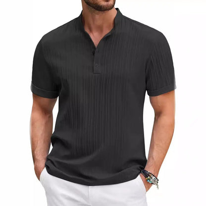 Summer Stand Collar Buttons Short Sleeve T-shirt Solid Color Stripe POLO Shirt Fashion Casual Beach Clothing For Men by Dropshipman