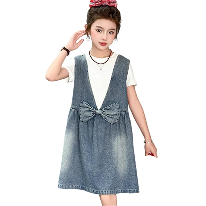 Kids Fashion Reversible Clothes Loose Fit Sleeveless Denim Vest Dress with Bow for Teens Girl Street Outfit Child Jeans Dress by All Mart Bristol Ltd