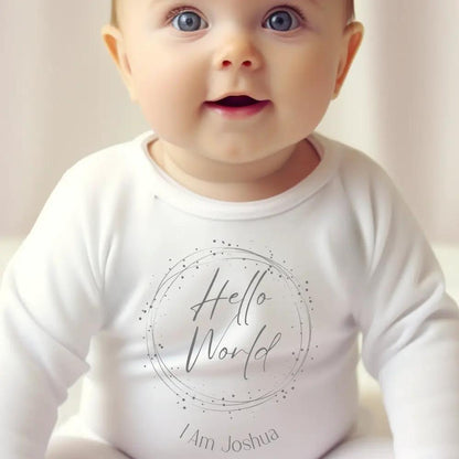 Personalised Hello World Circle Baby Outfit: Bib, Vest, Baby Grow by Aye Do Gifts