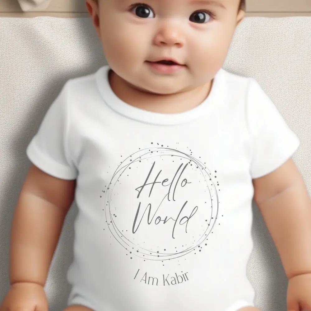 Personalised Hello World Circle Baby Outfit: Bib, Vest, Baby Grow by Aye Do Gifts
