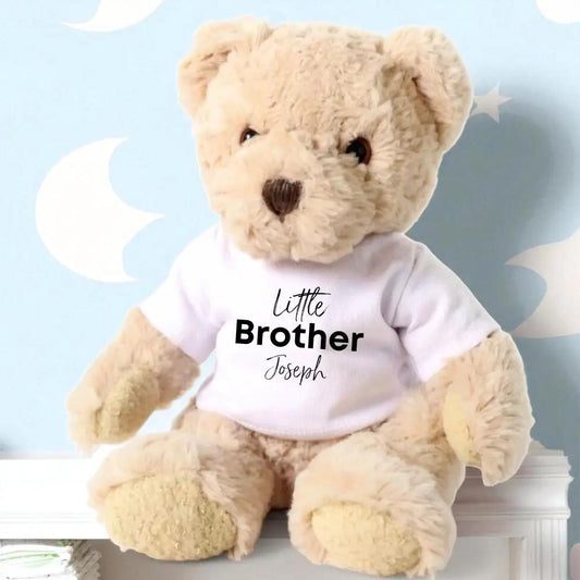 Personalised Luxury Teddy Bear with Little Brother T-Shirt by Aye Do Gifts